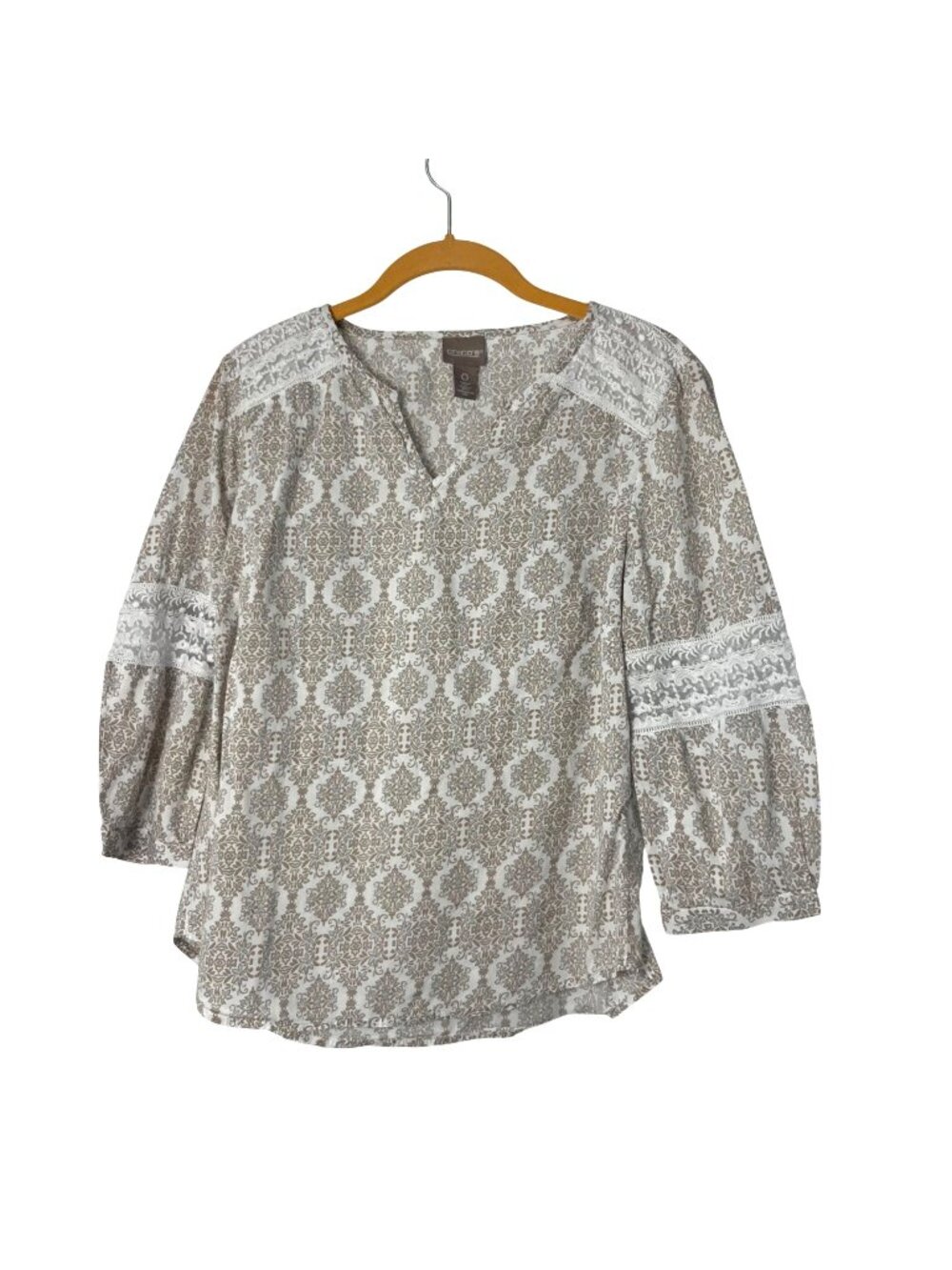 Chicos Beige Floral Lace Trim Blouse Womens 0 (S/4) Boho Top Used Cotton
